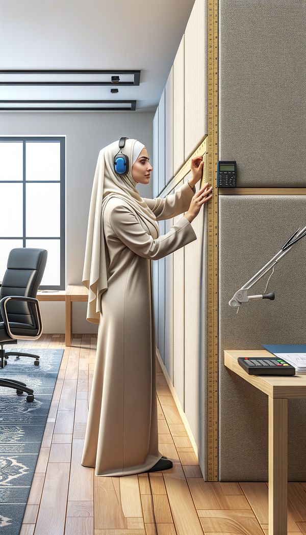 An interior designer placing an acoustic panel on a wall in an office, demonstrating how to enhance the room's acoustics.