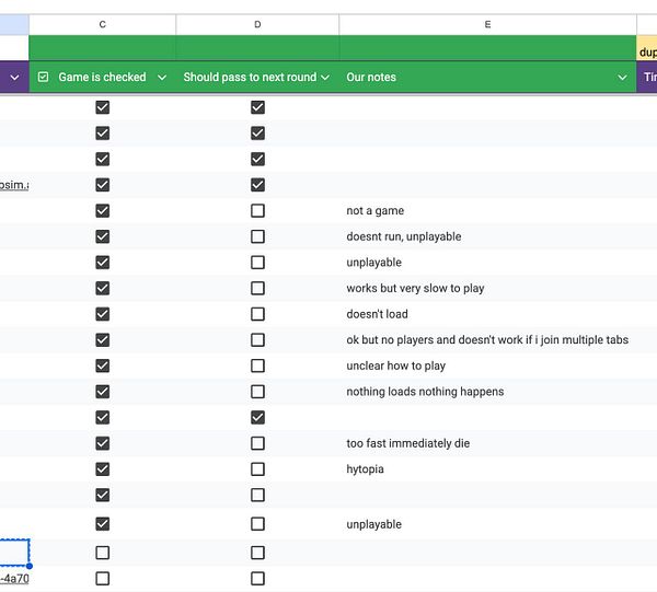 A spreadsheet detailing the evaluation of various games with checkboxes and notes on their playability.