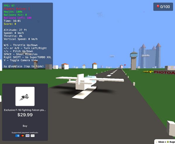A virtual scene featuring a white F-16 plane on a runway in a blocky, cartoonish environment.