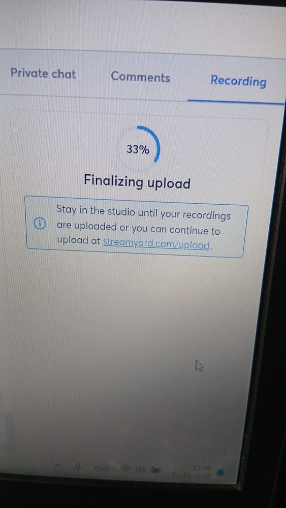 The image displays a screen showing the upload progress of a podcast recording.