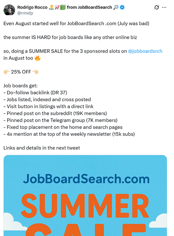 The image promotes a summer sale for JobBoardSearch.com, highlighting a 25% discount on sponsored slots.