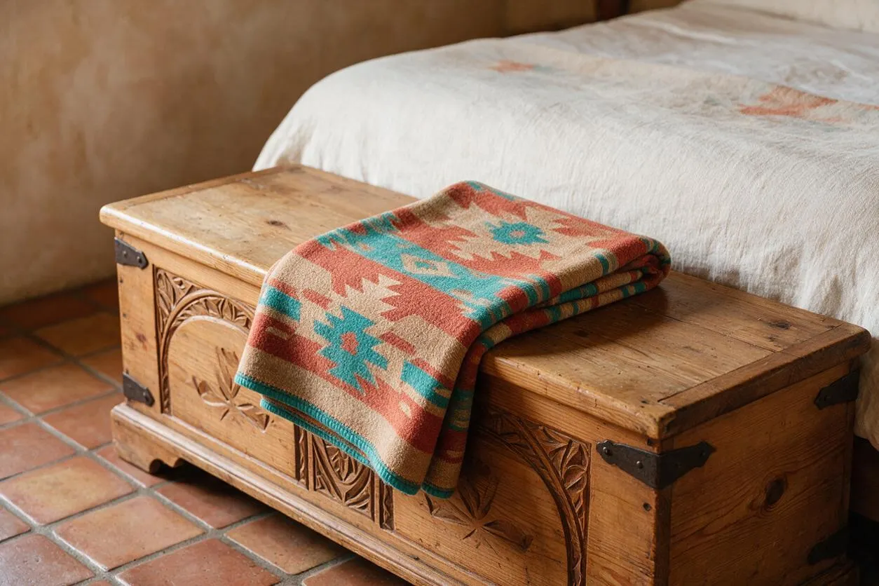 A rustic wooden storage trunk sits at the foot of a bed with a cream coverlet, topped by a folded Southwestern-style woven blanket in coral, turquoise, and tan. The trunk features carved floral details, dark metal corner brackets, and a warm distressed finish above a terracotta tile floor.
