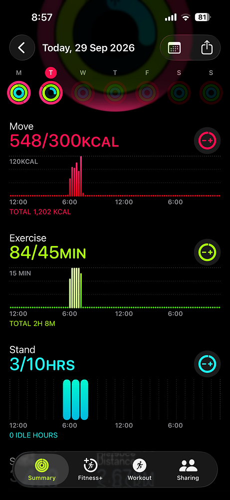 Activity tracking app summary for September 29, 2026, showing move, exercise, and stand progress with detailed time charts.