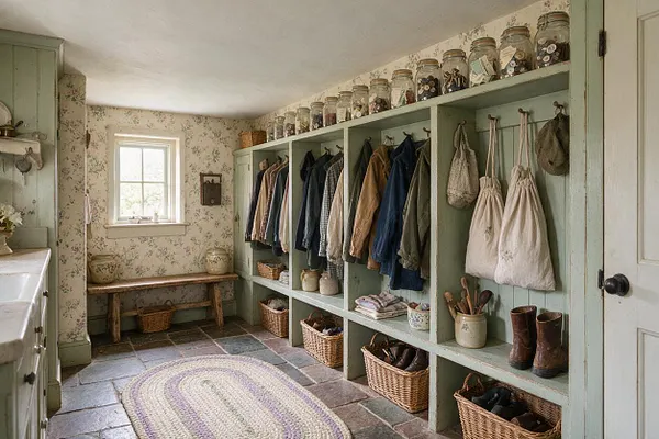 A charming cottagecore closet with sage green built-in cubbies and hanging space, filled with coats, dresses, and canvas bags. Wicker baskets, glass jars on top shelves, and a rustic bench sit against floral wallpaper and a small window, with slate tile flooring and a braided oval rug underfoot.