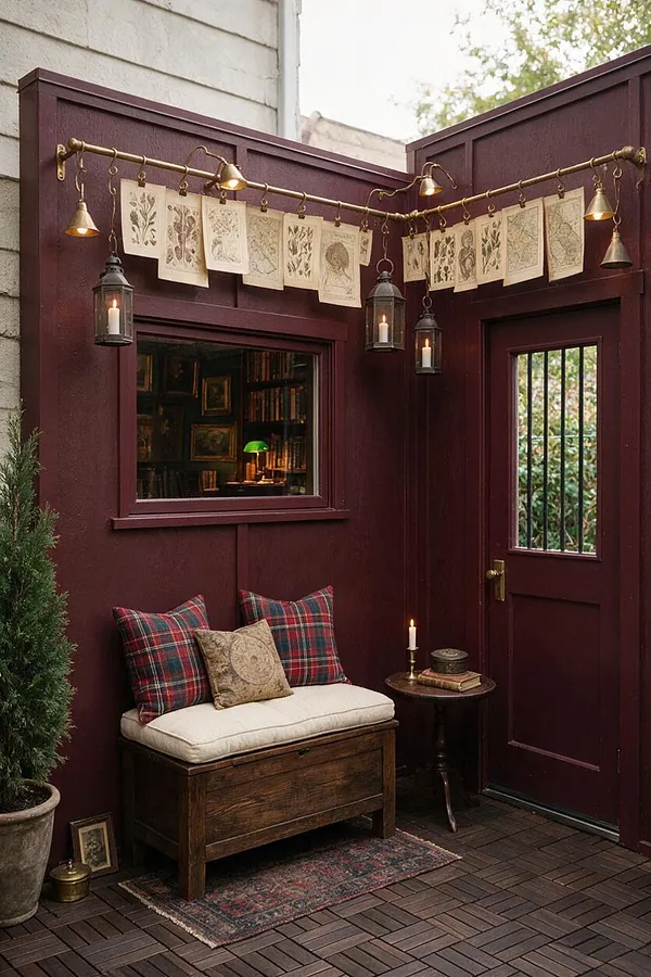 A small enclosed patio styled in Dark Academia tones with deep burgundy walls, a wood bench with cream cushion and plaid pillows, hanging lanterns, brass bells, and a line of botanical sketch cards overhead. A side table holds a candle and books beside a dark door and window into a warmly lit interior.