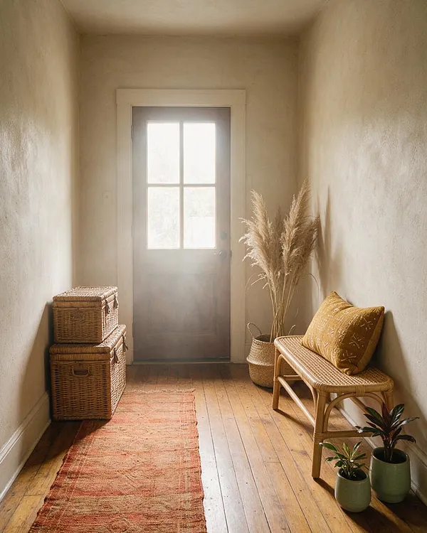 A narrow bohemian entryway with plaster walls, a wood floor, and a glass-paneled door glowing with soft daylight. Woven wicker storage trunks, a cane bench with a mustard cushion, pampas grass in a basket, a faded pink runner, and small potted plants create a warm, natural look.