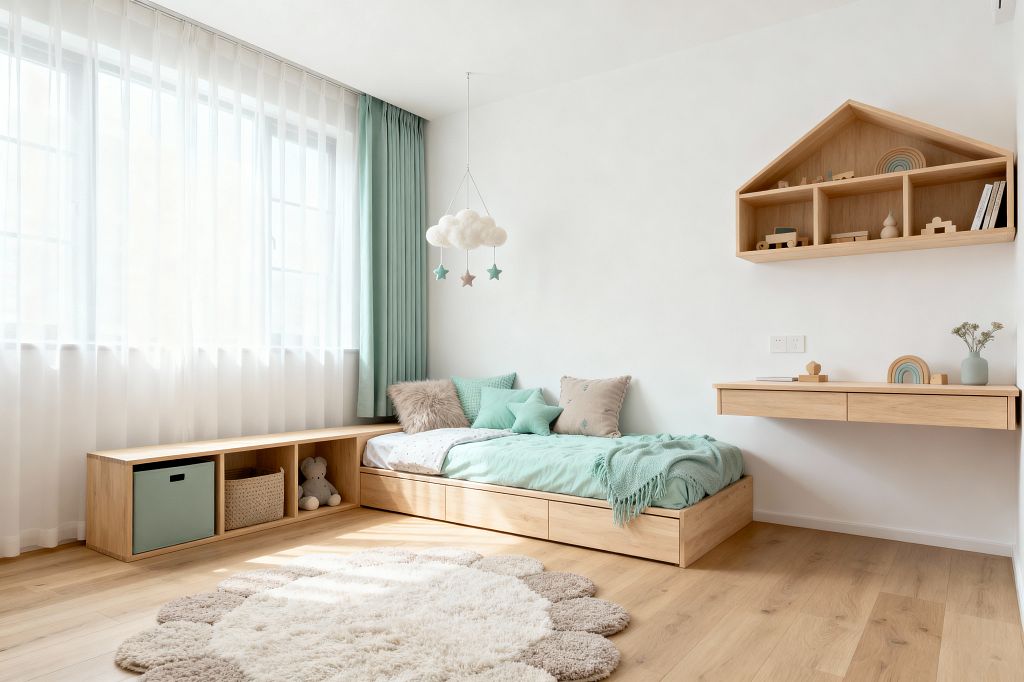 A bright minimalist children's room with a low light-oak bed featuring under-bed drawers, dressed in mint bedding and neutral pillows. A long oak storage bench sits below sheer white curtains with pale teal drapes, while a felt cloud mobile hangs above. A house-shaped oak wall shelf and floating desk hold wooden toys and books. Warm oak flooring, a scalloped cream rug, and white walls complete the airy, uncluttered space.