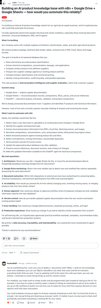 A Reddit post discussing building an AI product knowledge base with automation using n8n, Google Drive, and Google Sheets.