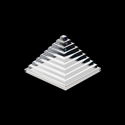 A reflective 3D pyramid model with multiple layers is displayed against a black background.