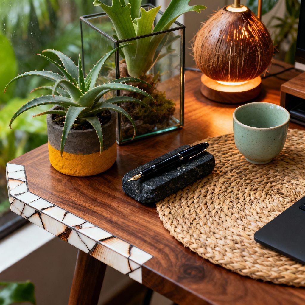 A close-up of a tropical-inspired home office desk shows a richly grained wood surface with white mosaic inlay near the edge, a round woven seagrass placemat, and a glowing coconut-shell table lamp. Small plants—a staghorn fern in a glass terrarium and an aloe in a concrete pot—sit by a rain-dappled window, alongside a speckled green ceramic cup, a black fountain pen on a stone holder, and the corner of a laptop.