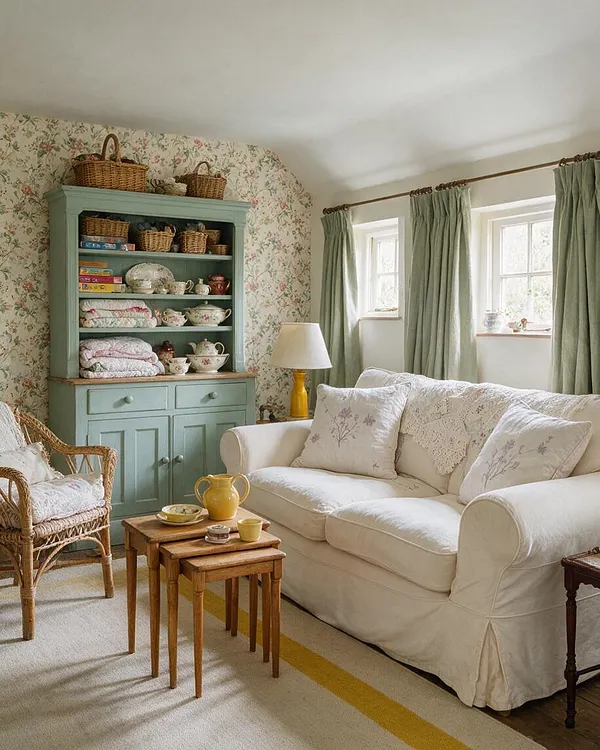 A cozy cottagecore living room with floral wallpaper, a sage green hutch filled with baskets, quilts, and teacups, and a cream sofa with embroidered pillows. Pale green curtains frame the windows, while wicker and wood furniture and a warm table lamp add a charming, lived-in feel.