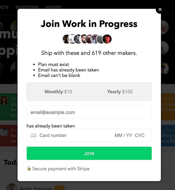 The image displays a signup modal for a service with error messages related to email input.