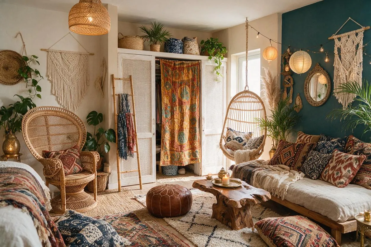 A bohemian-style closet area with a rattan wardrobe door, macramé wall hangings, patterned textiles, and woven baskets. The space includes hanging lanterns, plants, a teal accent wall, and cozy layered rugs, creating a warm, eclectic atmosphere.