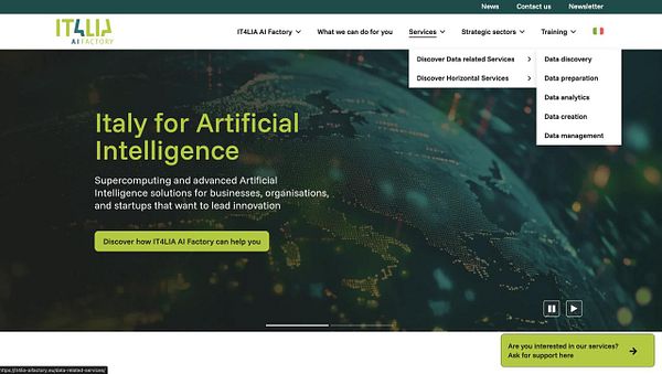 The image displays a webpage for the IT4IA AI Factory, focusing on artificial intelligence solutions in Italy.