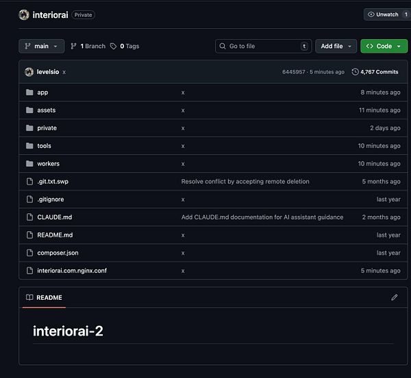 The image displays a GitHub repository interface for a project named 'interiorai'.