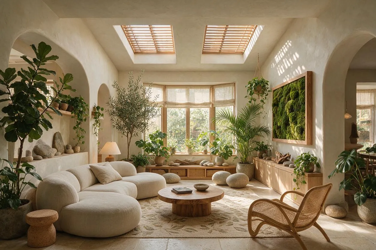 A bright sunroom with curved plaster walls, skylights, and a large bay window filled with natural light. The space includes a cream boucle sectional, a rattan lounge chair, a round wood coffee table, potted plants, a moss wall art panel, and warm wood storage benches.