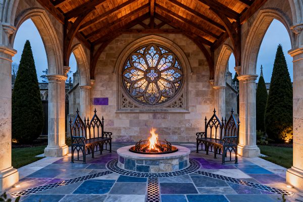 A covered Gothic-style patio features pointed limestone arches, an ashlar stone wall, and a timber truss ceiling centered on a glowing circular fire pit. A large stained-glass rose window anchors the back wall, while two black wrought-iron benches with spired backs face the flames; the floor is patterned with indigo and purple stone tiles and a dark mosaic border, with warm uplights highlighting columns and tall evergreen topiaries beyond the arcade.