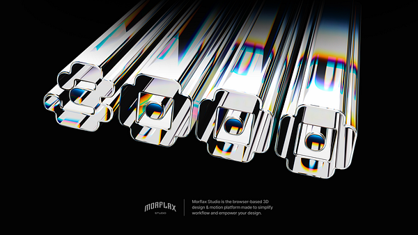 The image features a collection of shiny, metallic 3D shapes arranged in a row against a black background.