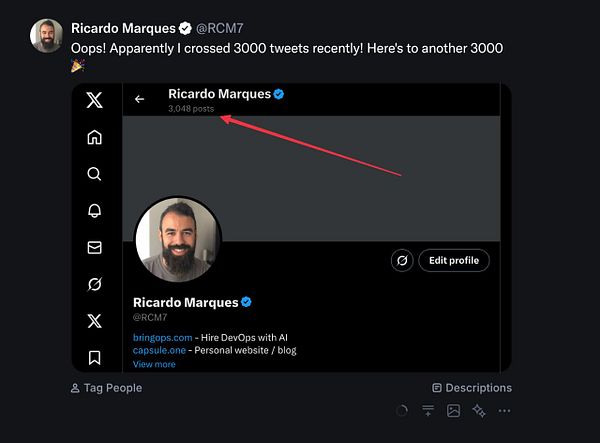 The image displays a Twitter profile of Ricardo Marques celebrating his achievement of over 3000 tweets.