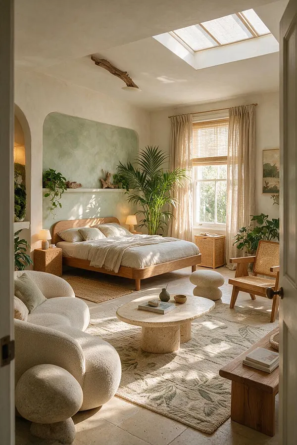 A serene guest bedroom with a wooden bed, soft neutral bedding, and abundant potted plants arranged around the room. A skylight and large window bring in natural light, while woven chairs, a stone coffee table, and organic-shaped seating create a calm biophilic atmosphere.
