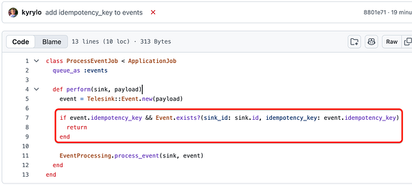 Screenshot of a GitHub Pull Request page showing changes to introduce idempotency key support in an Events API.