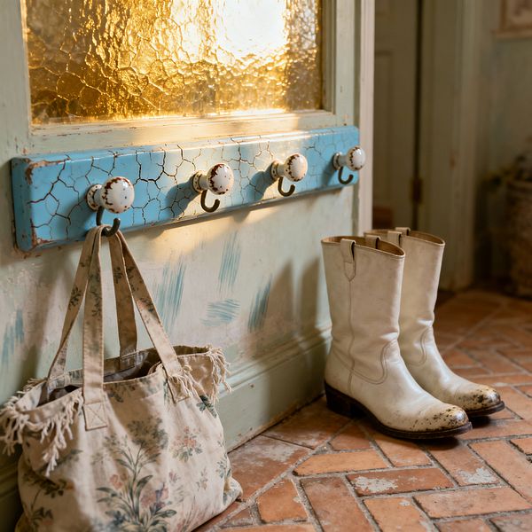 A shabby chic mudroom corner features a distressed mint door with an amber textured glass panel and a crackled robin’s-egg-blue peg rail fitted with white ceramic knobs and iron hooks. A floral canvas tote hangs from a hook while scuffed white leather boots sit on herringbone terracotta brick flooring, with sunlit, patinaed walls creating a warm, timeworn atmosphere.
