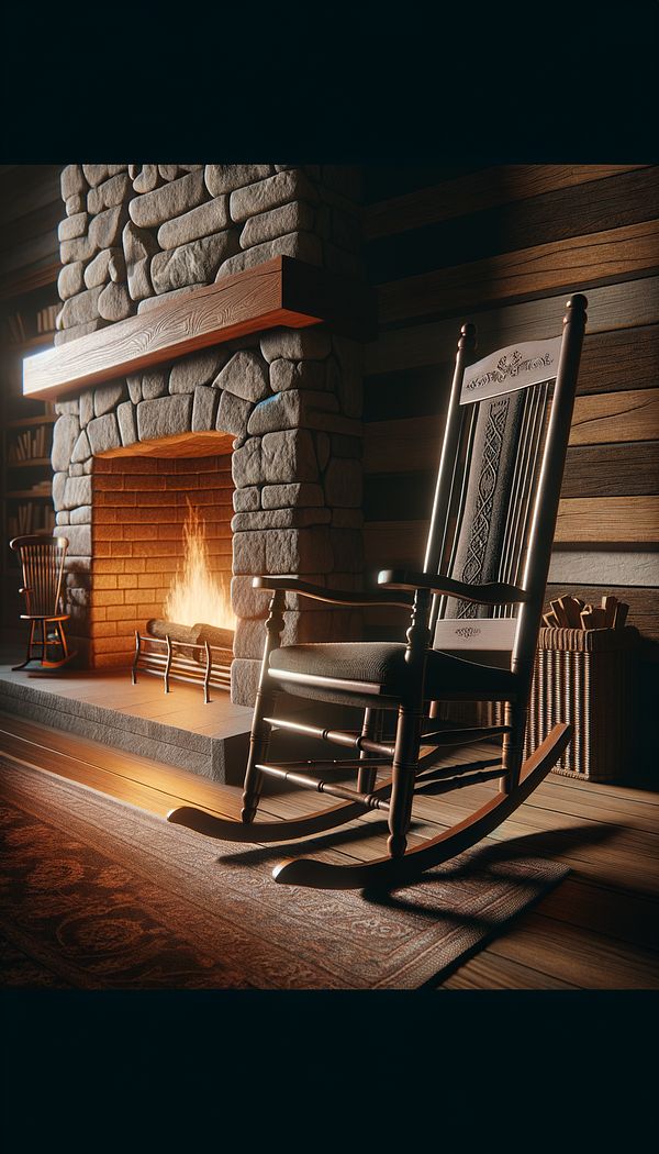 A traditional Lincoln Rocker positioned by a fireplace in a cozy, warmly lit room.