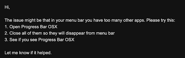 A troubleshooting email regarding the Progress Bar OSX application.