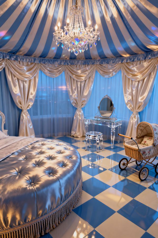 A kids’ bedroom with a tented ceiling in blue and cream stripes, illuminated by a sparkling crystal chandelier. The space includes a tufted round bed in icy blue satin, champagne satin drapes layered over sheer blue curtains, a transparent acrylic vanity with oval mirror and matching stool, glossy blue-and-cream checkerboard floor tiles, and a wicker pram with floral lining, combining playful whimsy with vintage glamour.