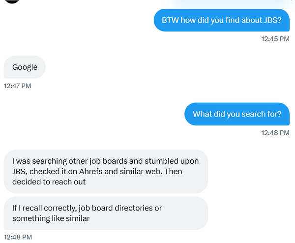 A conversation in a messaging interface discussing how a founder discovered JBS.
