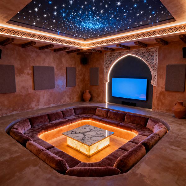 A Moroccan-inspired media room features a sunken U-shaped velvet sectional surrounding a glowing onyx base with a marble tabletop, set within terracotta tadelakt walls with fabric acoustic panels and clay urns, and a carved horseshoe arch framing a flat-screen TV with LED backlighting. Overhead, exposed timber beams, lattice trim, and cove lighting border a dark ceiling sprinkled with fiber‑optic stars, while warm amber LEDs under the seating create an intimate, theater-like atmosphere.