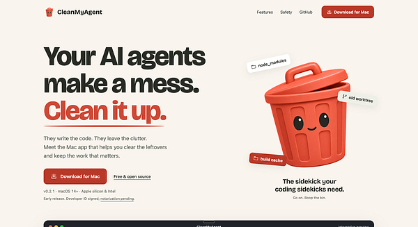 Landing page of CleanMyAgent website promoting a Mac app that cleans leftover code clutter with a friendly trash bin mascot.