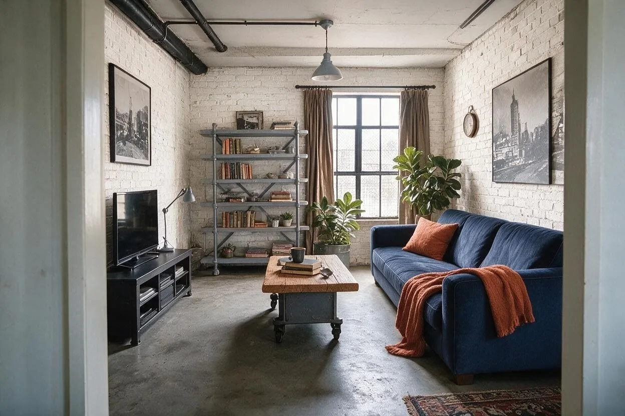 The same Industrial living room in the Navy Workshop palette: whitewashed brick, navy, steel gray, oak, and rust