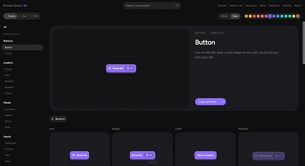 Screenshot of a React UI library component documentation preview with code, properties, and interface elements.