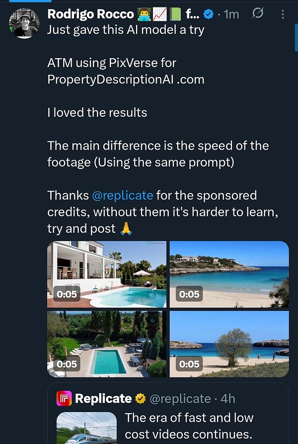 A Twitter post showcasing video clips of various properties with swimming pools and scenic views.