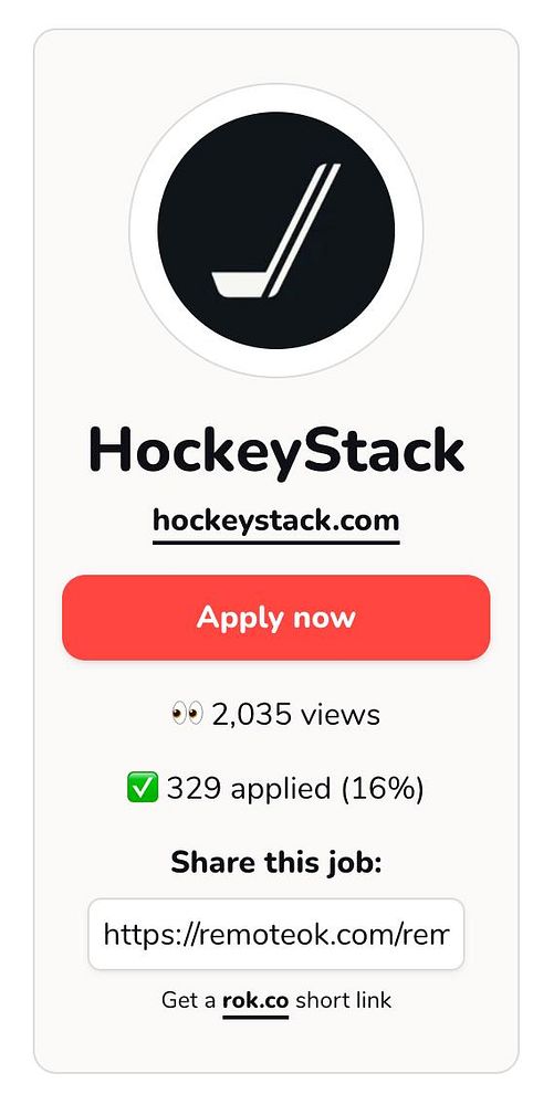 The image displays a job posting for HockeyStack with application statistics and a call-to-action button.