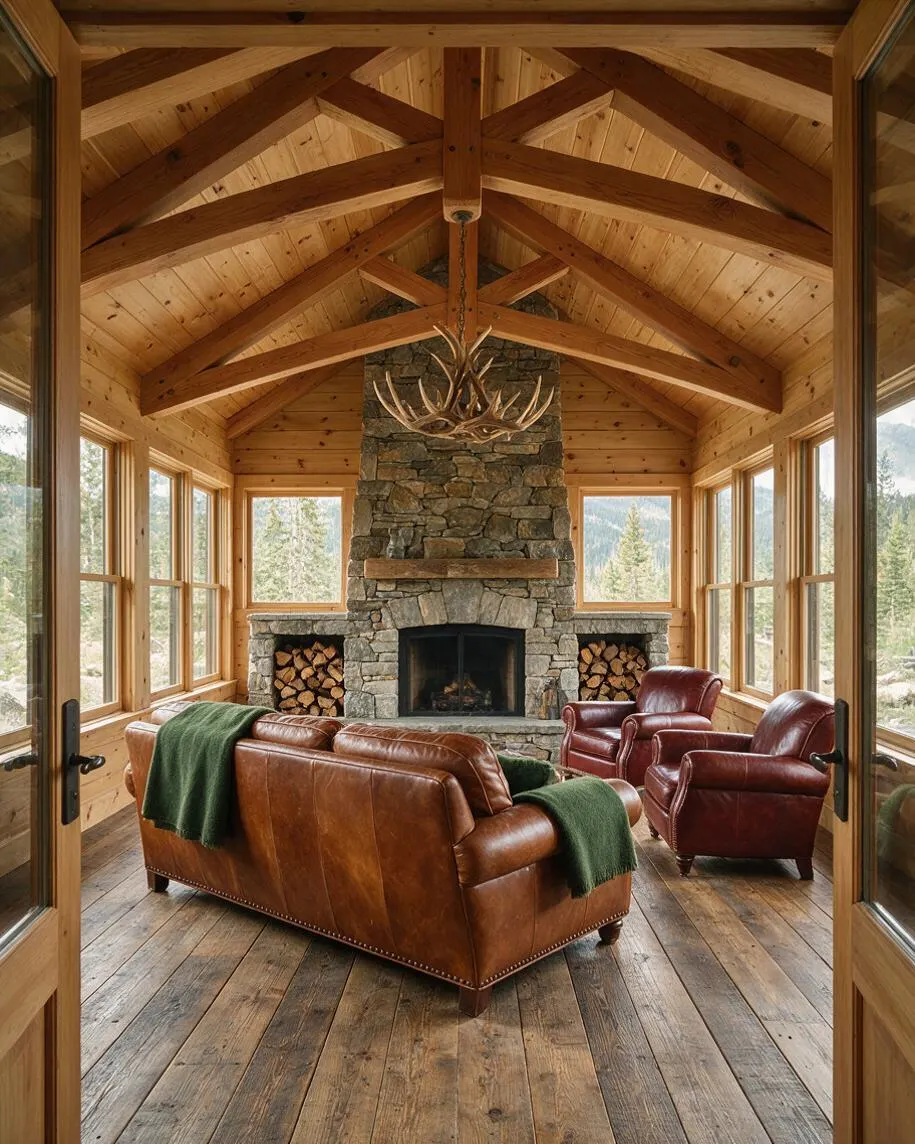 A rustic sunroom with a vaulted wood ceiling, exposed beams, and walls of windows overlooking a mountain landscape. The room centers on a tall stone fireplace with stacked firewood, a mounted antler chandelier, a brown leather sofa, and two burgundy leather chairs on a weathered wood floor.