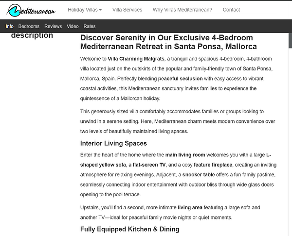 The image displays a webpage detailing a Mediterranean villa rental with a focus on its features and amenities.