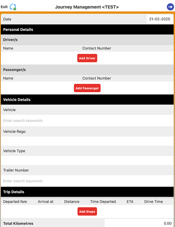 The image displays a user interface for a journey management form related to compliance and safety.