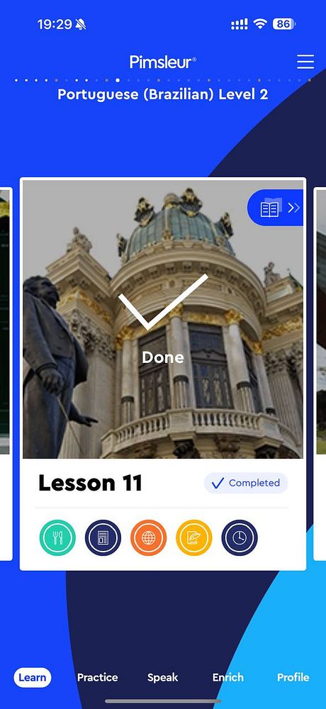 The image displays a completed lesson from the Pimsleur Portuguese language learning app.