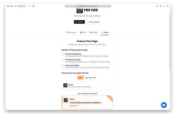 The image displays a webpage interface for featuring a page on the platform 'whatsnew.co'.