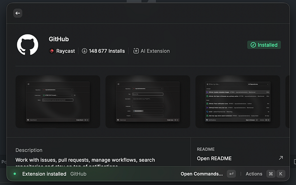 Screenshot of a VS Code window with the GitHub Pull Requests and Issues extension details opened on the Extensions sidebar.