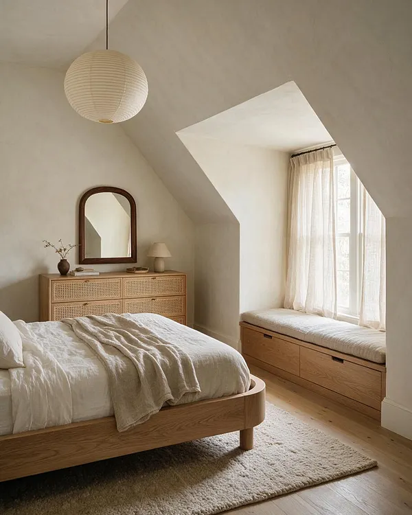 A serene organic modern bedroom with a low natural wood bed dressed in white linen, a woven dresser with a rounded mirror, and a cushioned window seat beneath sheer curtains. Soft beige walls, a textured rug, and a paper pendant light create a calm, sunlit atmosphere.