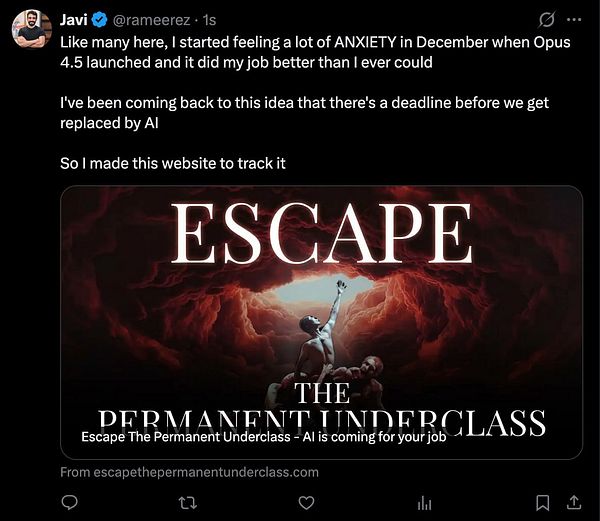 A dystopian cityscape artwork illustrating a diverse crowd beneath ominous towering skyscrapers with dark clouds and a large digital billboard.