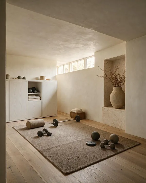A calm home gym with warm wood floors, a large textured neutral rug, and minimalist workout equipment including dumbbells, a barbell, and a foam roller. Built-in white storage cabinets, a stone display niche with a tall vase of dried branches, and soft daylight from high horizontal windows create a quiet Organic Modern atmosphere.