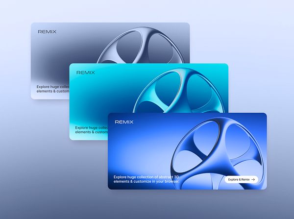 Three visually striking cards featuring abstract 3D designs and promotional text.