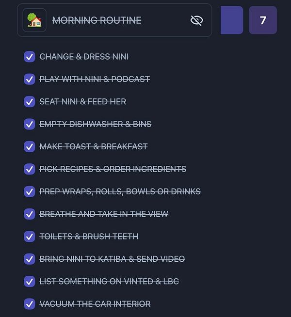 A checklist for a morning routine with various tasks to complete.