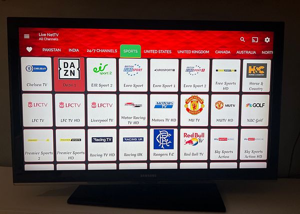 The image displays a user interface of the Live NetTV application on a television screen, showcasing various sports channels.
