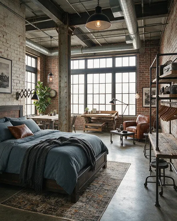 A spacious industrial guest bedroom in a loft with exposed brick walls, tall grid windows, and visible ductwork across the ceiling. The room features a dark metal bed with blue bedding, leather seating, rustic wood furniture, and black metal lighting and shelving accents.