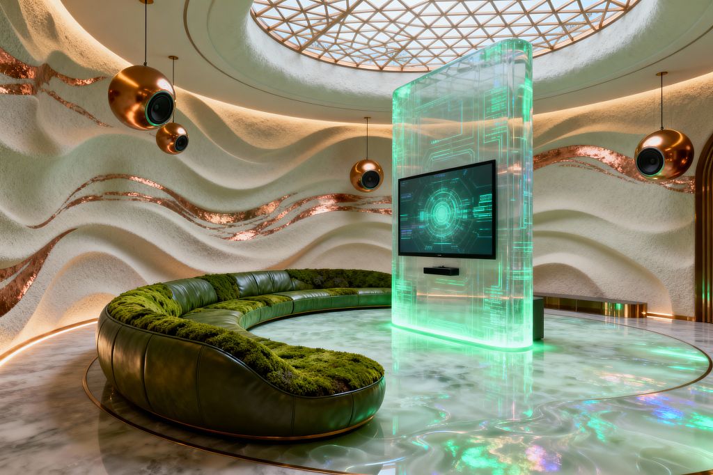 A futuristic media room features a translucent acrylic monolith glowing green and holding a flat-screen display at the center, illuminating a pearlescent epoxy floor. A circular sectional in dark green leather interwoven with moss wraps around the display. Wavy white textured walls with inset copper bands and concealed lighting encircle the space, while spherical copper pendant speakers hang beneath a lattice-domed skylight.